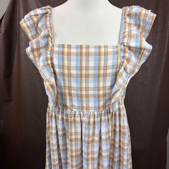 Madewell Dresses & Skirts - Madewell Plaid Ruffle Strap Smocked Midi Dress Blue Brown NF904 Size 10
